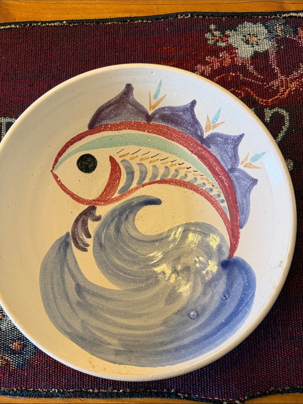 Hand-Painted Ceramic Fish Serving Bowl in Blue, Red & Purple